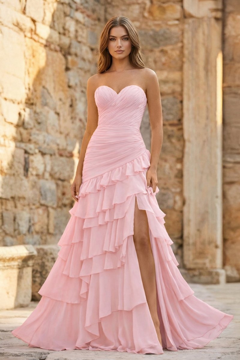 KissProm Ruched Ruffle Fitted Yellow Long Prom Dress with Slit, Pink / 00