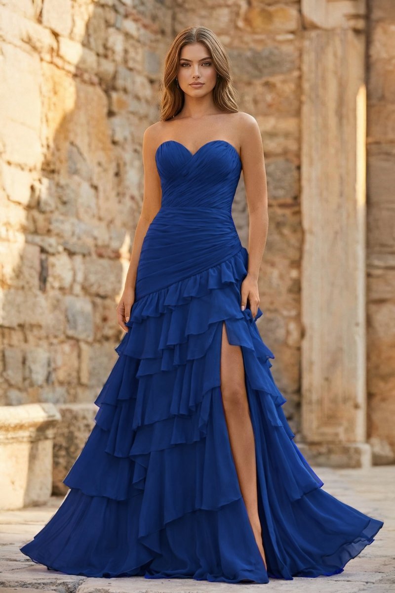 KissProm Ruched Ruffle Fitted Yellow Long Prom Dress with Slit, Royal Blue / 2
