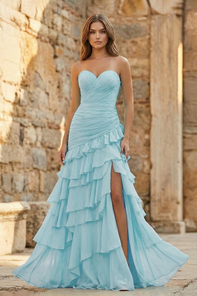 Ruched Ruffle Fitted Yellow Long Prom Dress with Slit
