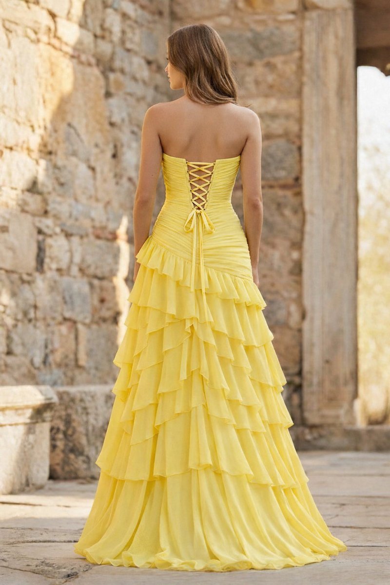 KissProm Ruched Ruffle Fitted Yellow Long Prom Dress with Slit, Burgundy / 12