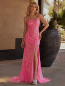 Blue Spaghetti Straps Mermaid Sequins Long Prom Dresses with Beading - KissProm
