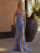 Aurum | Scoop Neck Hot Pink Mermaid Sequins Long Prom Dresses with Beading - KissProm