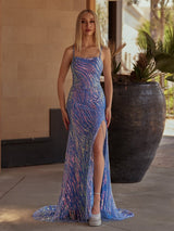 Blue Spaghetti Straps Mermaid Sequins Long Prom Dresses with Beading - KissProm
