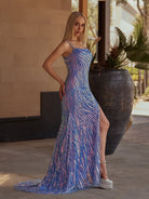 Aurum | Scoop Neck Hot Pink Mermaid Sequins Long Prom Dresses with Beading - KissProm