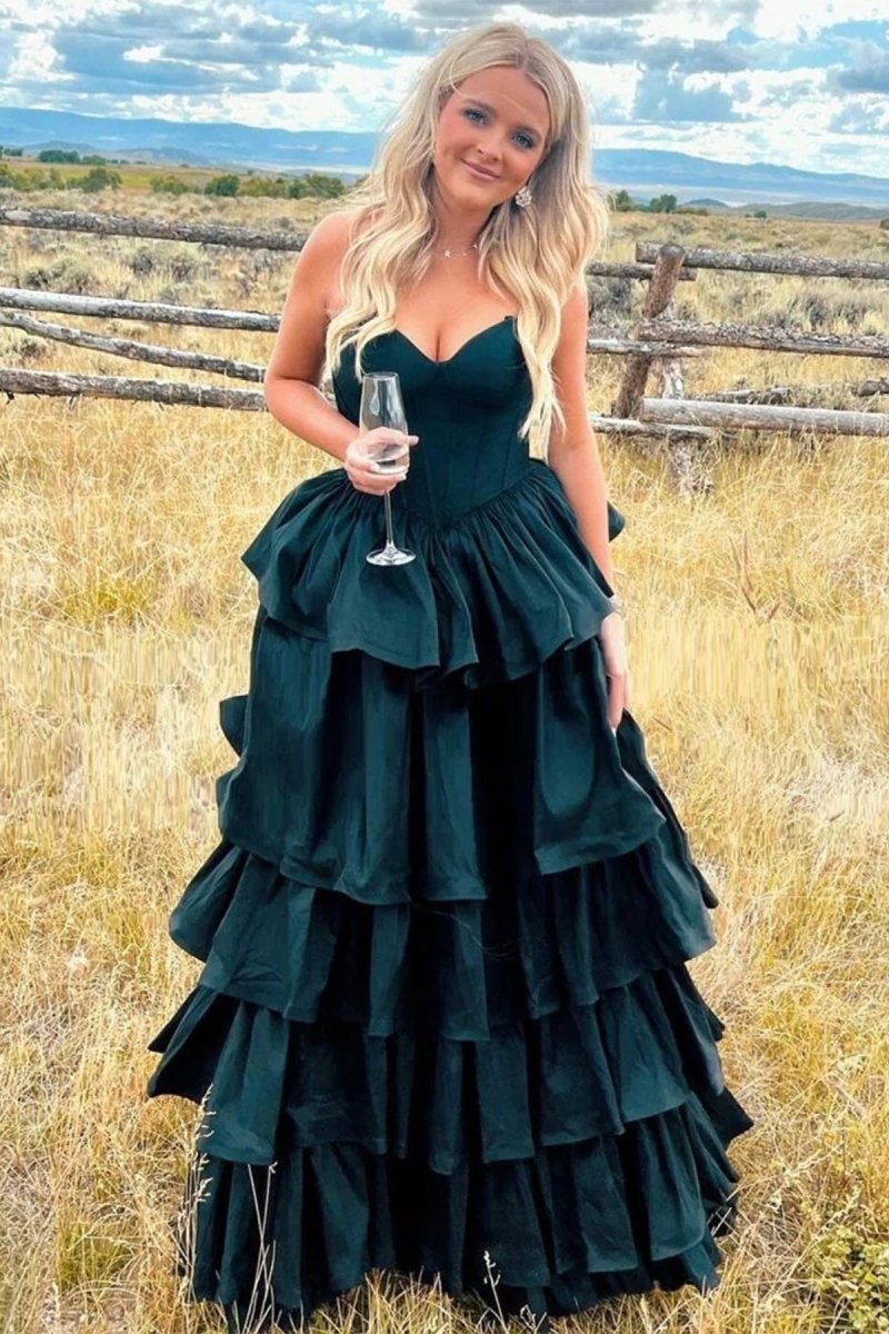 KissProm-Ausha Dark Green Sweetheart Fuchsia Ruffles A-line Prom Dresses