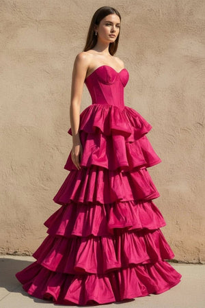 Ausha | Sweetheart Fuchsia Ruffles A - line Prom Dresses - KissProm