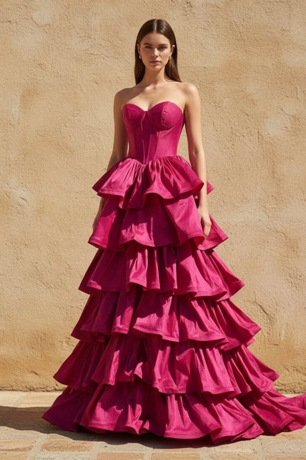 Ausha | Sweetheart Fuchsia Ruffles A - line Prom Dresses - KissProm