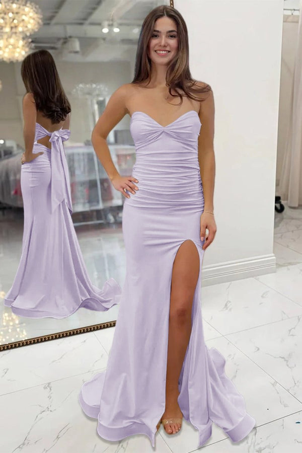 Auvessa | Lavender - Strapless Sheath Satin Long Prom Dresses With Slit -KissProm