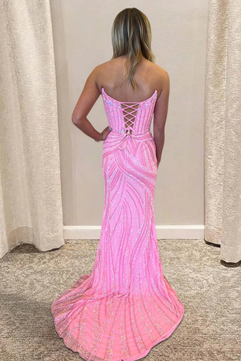 open lace back dress Red Sweetheart Mermaid Sequined Long Formal Prom Dresses with Slit Red / 16