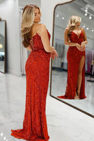 Avenelle | Red - Strapless Mermaid Sequined Long Formal Prom Dresses With Slit - KissProm
