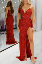 Avenelle | Red - Strapless Mermaid Sequined Long Formal Prom Dresses With Slit - KissProm