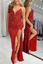 Avenelle | Red - Strapless Mermaid Sequined Long Formal Prom Dresses With Slit - KissProm