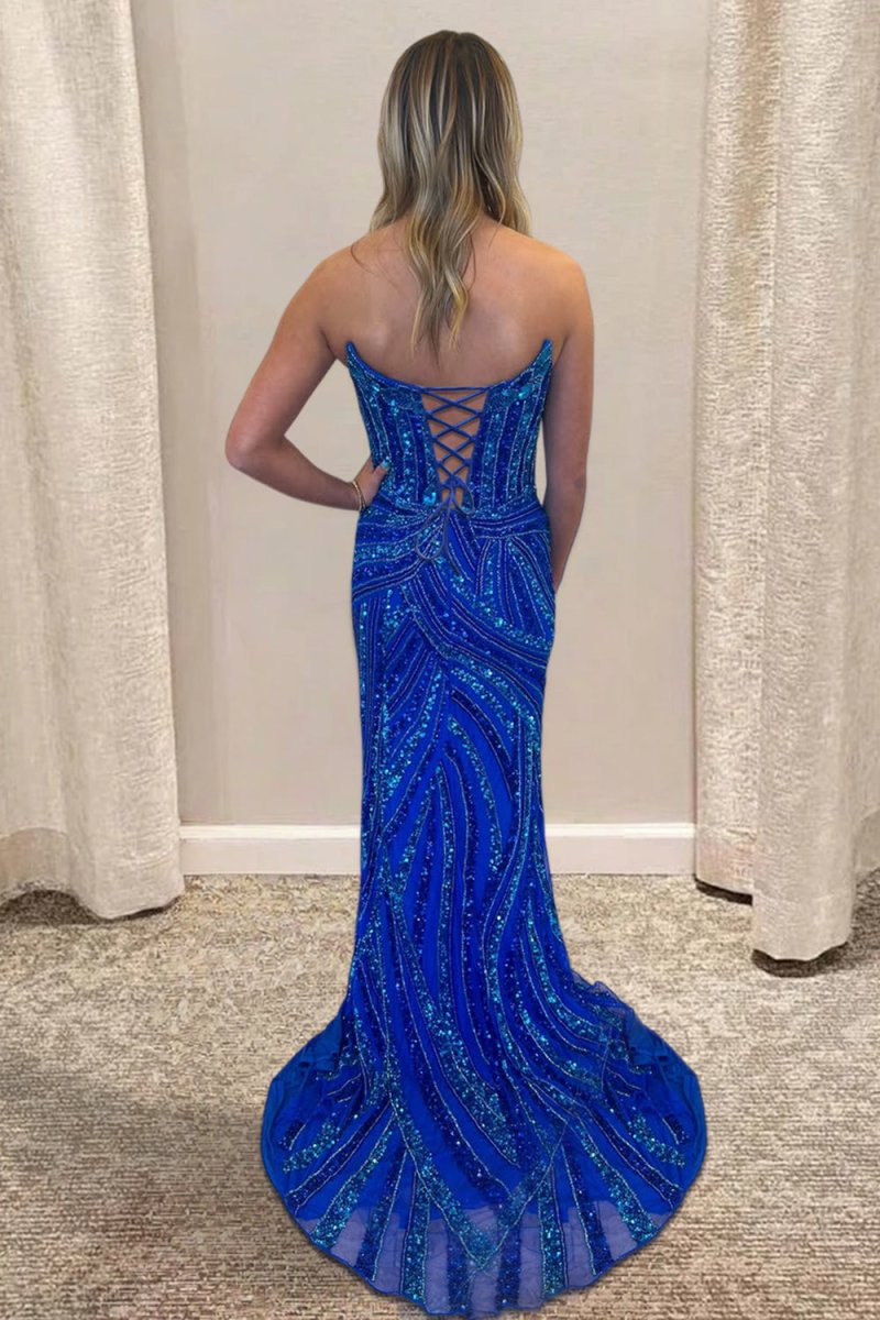Avenelle | Red - Strapless Mermaid Sequined Long Formal Prom Dresses With Slit - KissProm