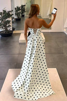 Averna | Black - Strapless A Line Polka Dots Satin Long Prom Dresses With Bow - KissProm
