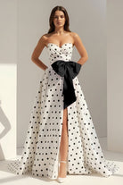 Averna | Black - Strapless A Line Polka Dots Satin Long Prom Dresses With Bow - KissProm