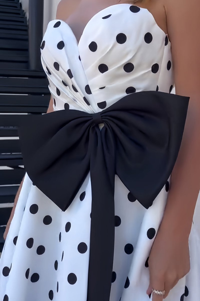 Averna | Fuchsia - Strapless A Line Polka Dots Satin Long Prom Dresses With Bow - KissProm