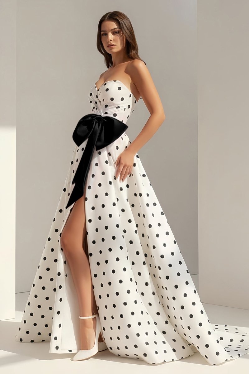 Averna | Black - Strapless A Line Polka Dots Satin Long Prom Dresses With Bow - KissProm