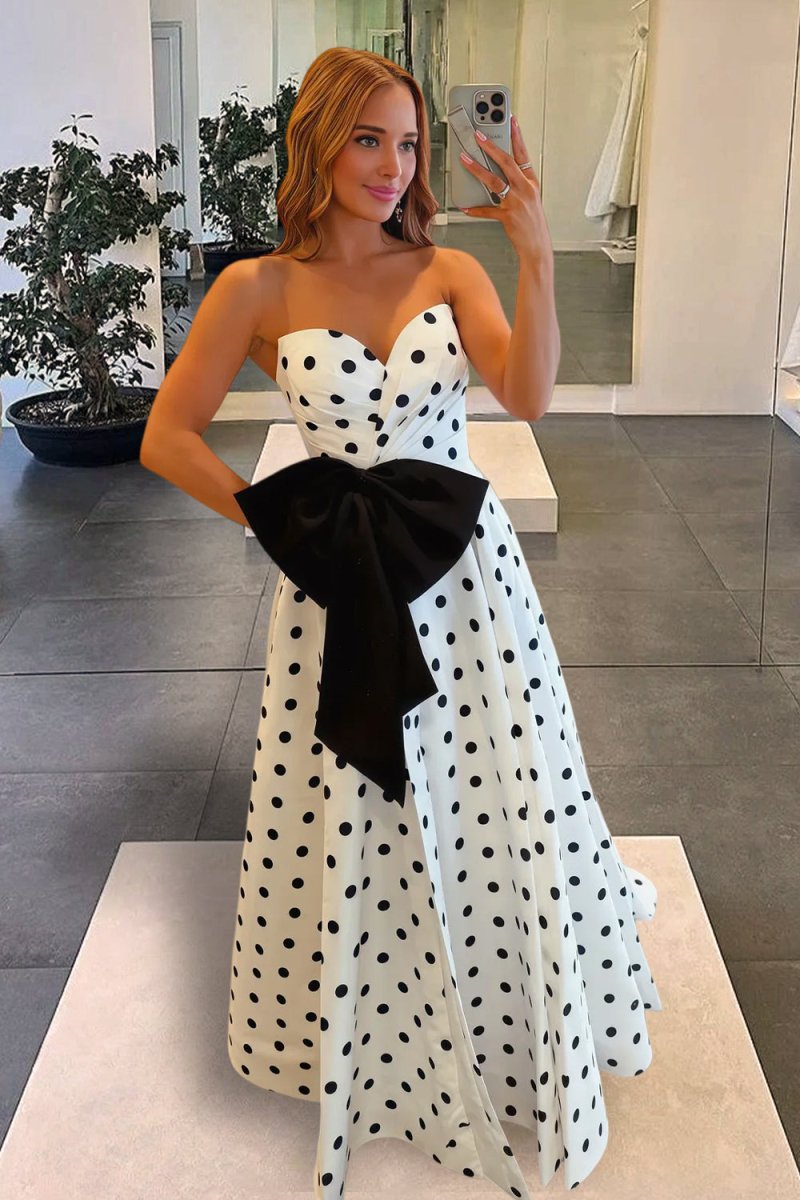 Averna | Black - Strapless A Line Polka Dots Satin Long Prom Dresses With Bow - KissProm