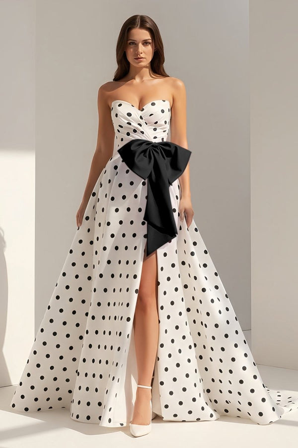 Fuchsia Sweetheart A Line Polka Dots Satin Long Prom Dresses With Bow, Navy Blue / 8 Fuchsia Sweetheart A Line Polka Dots Satin Long Prom Dresses With Bow, Navy Blue / 8