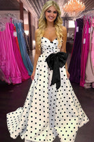Averna | Black - Strapless A Line Polka Dots Satin Long Prom Dresses With Bow - KissProm