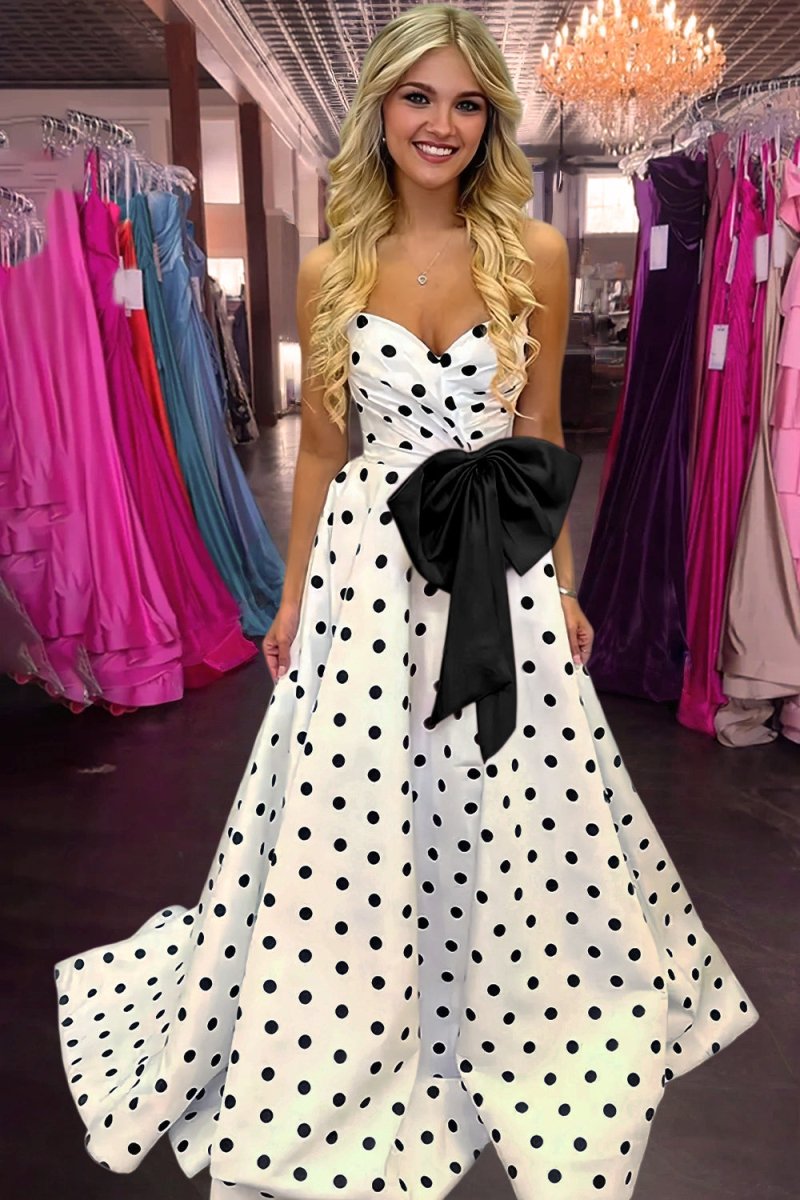Averna | Black - Strapless A Line Polka Dots Satin Long Prom Dresses With Bow - KissProm