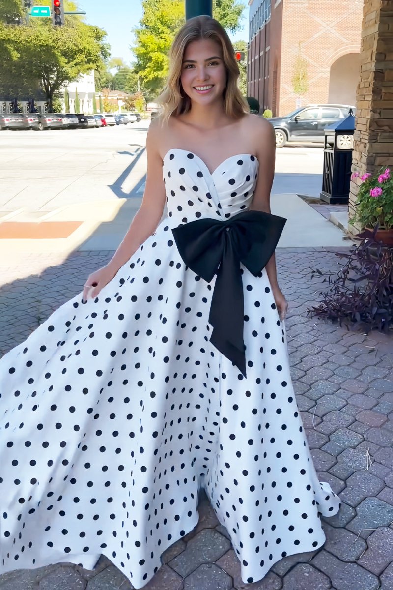 Averna | Black - Strapless A Line Polka Dots Satin Long Prom Dresses With Bow - KissProm
