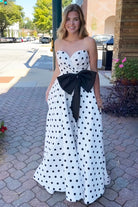 Averna | Black - Strapless A Line Polka Dots Satin Long Prom Dresses With Bow - KissProm