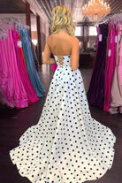 Averna | Fuchsia - Strapless A Line Polka Dots Satin Long Prom Dresses With Bow - KissProm