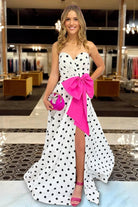 Averna | Fuchsia - Strapless A Line Polka Dots Satin Long Prom Dresses With Bow - KissProm
