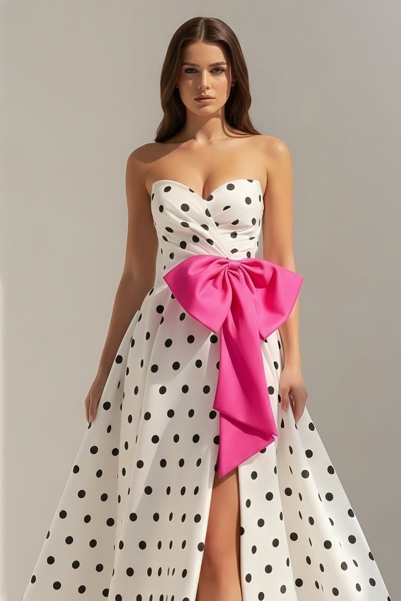 Averna | Fuchsia - Strapless A Line Polka Dots Satin Long Prom Dresses With Bow - KissProm