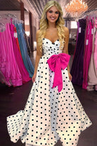 Averna | Fuchsia - Strapless A Line Polka Dots Satin Long Prom Dresses With Bow - KissProm