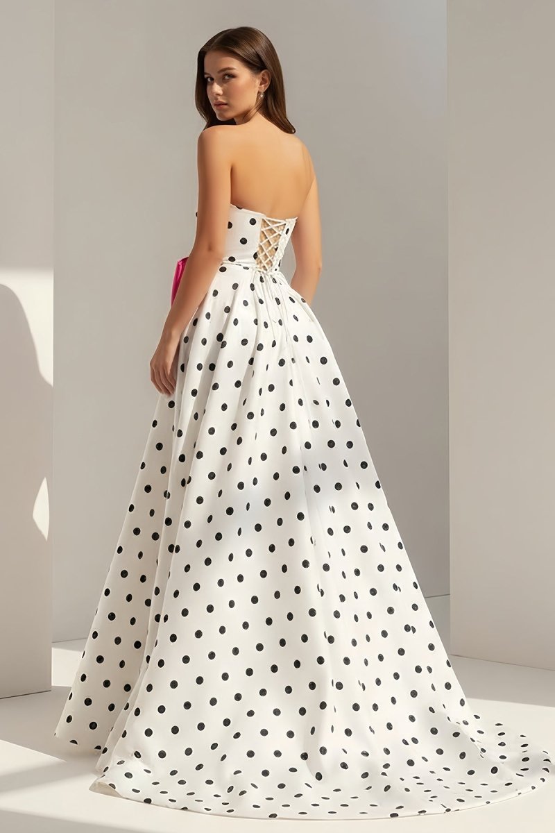 Averna | Fuchsia - Strapless A Line Polka Dots Satin Long Prom Dresses With Bow - KissProm