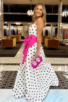 Averna | Fuchsia - Strapless A Line Polka Dots Satin Long Prom Dresses With Bow - KissProm