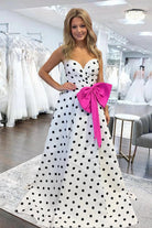 Averna | Fuchsia - Strapless A Line Polka Dots Satin Long Prom Dresses With Bow - KissProm
