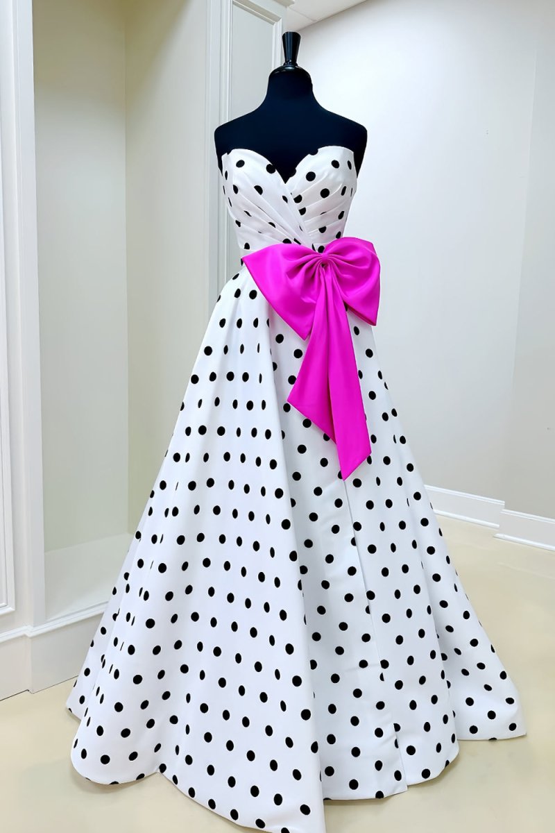 Averna | Fuchsia - Strapless A Line Polka Dots Satin Long Prom Dresses With Bow - KissProm