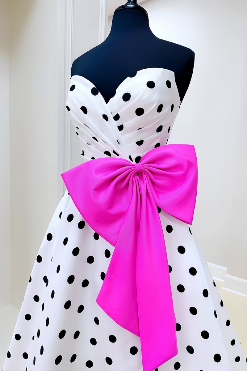 Averna | Fuchsia - Strapless A Line Polka Dots Satin Long Prom Dresses With Bow - KissProm