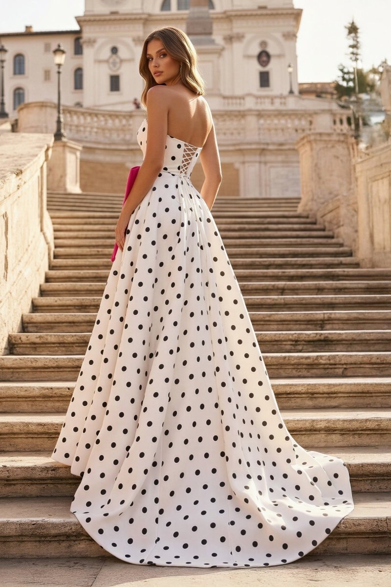 Fuchsia Sweetheart A Line Polka Dots Satin Long Prom Dresses With Bow