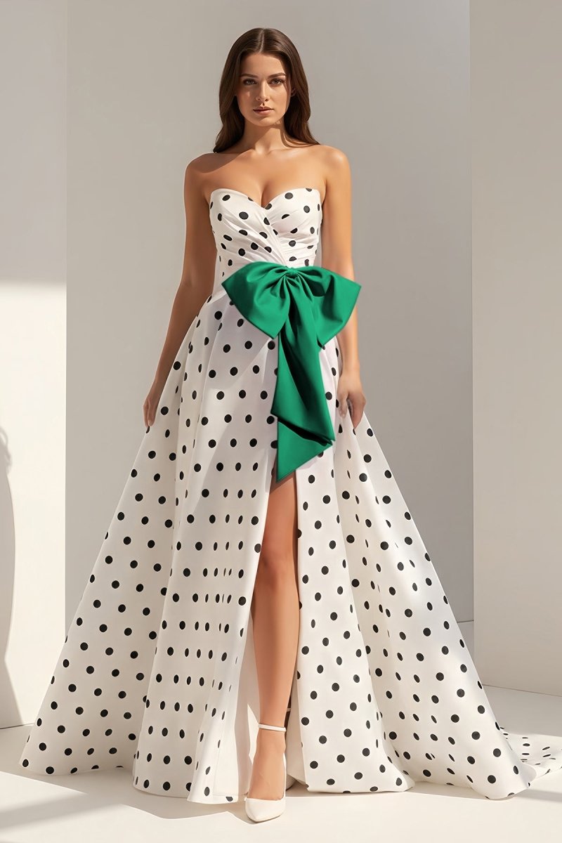 Green - Strapless A Line Polka Dots Satin Long Prom Dresses With Bow - KissProm