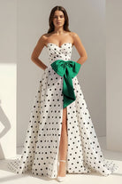Averna | Green - Strapless A Line Polka Dots Satin Long Prom Dresses With Bow - KissProm