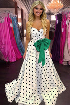 Averna | Green - Strapless A Line Polka Dots Satin Long Prom Dresses With Bow - KissProm