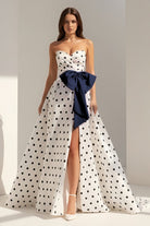 Averna | Navy Blue - Strapless A Line Polka Dots Satin Long Prom Dresses With Bow - KissProm