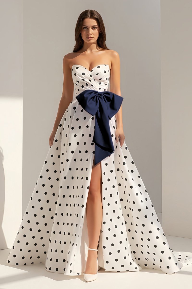 Navy Blue - Strapless A Line Polka Dots Satin Long Prom Dresses With Bow - KissProm