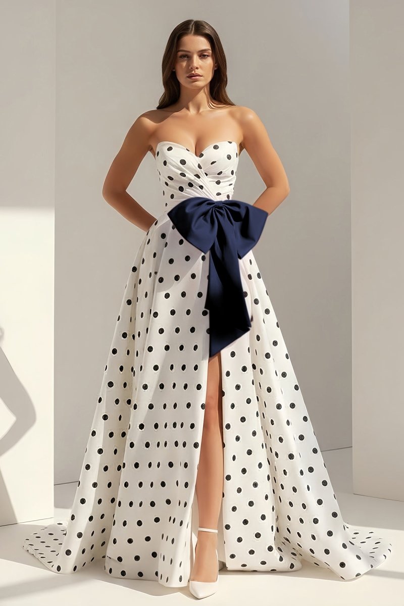 Averna | Navy Blue - Strapless A Line Polka Dots Satin Long Prom Dresses With Bow - KissProm