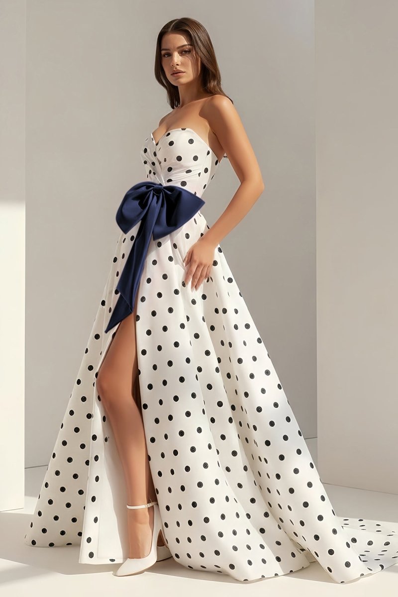 Averna | Navy Blue - Strapless A Line Polka Dots Satin Long Prom Dresses With Bow - KissProm