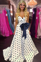 Averna | Navy Blue - Strapless A Line Polka Dots Satin Long Prom Dresses With Bow - KissProm