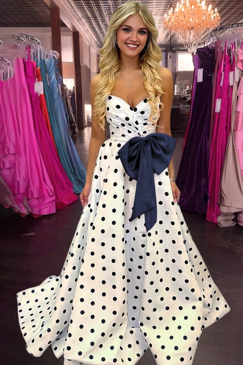 Averna | Navy Blue - Strapless A Line Polka Dots Satin Long Prom Dresses With Bow - KissProm
