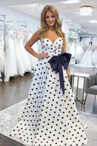 Averna | Navy Blue - Strapless A Line Polka Dots Satin Long Prom Dresses With Bow - KissProm