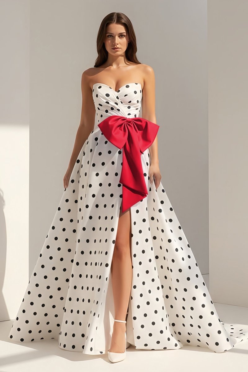 Averna | Red - Strapless A Line Polka Dots Satin Long Prom Dresses With Bow - KissProm