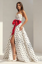Averna | Red - Strapless A Line Polka Dots Satin Long Prom Dresses With Bow - KissProm