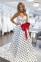 Averna | Red - Strapless A Line Polka Dots Satin Long Prom Dresses With Bow - KissProm